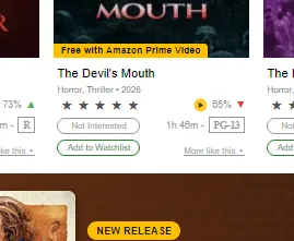 Close-up of a movie thumbnail: title, rating buttons, trailer, runtime and certificate