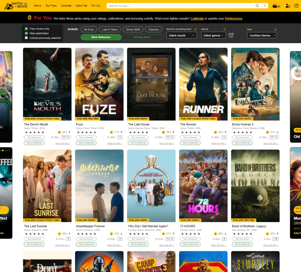 The For You page, movies ranked by match score